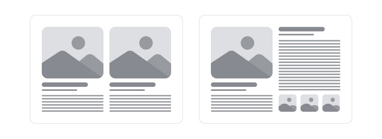 Two wireframes: the left with two identical image-and-text blocks mirrored across the centre, the right with one large block offset against a column of text and three small thumbnails.