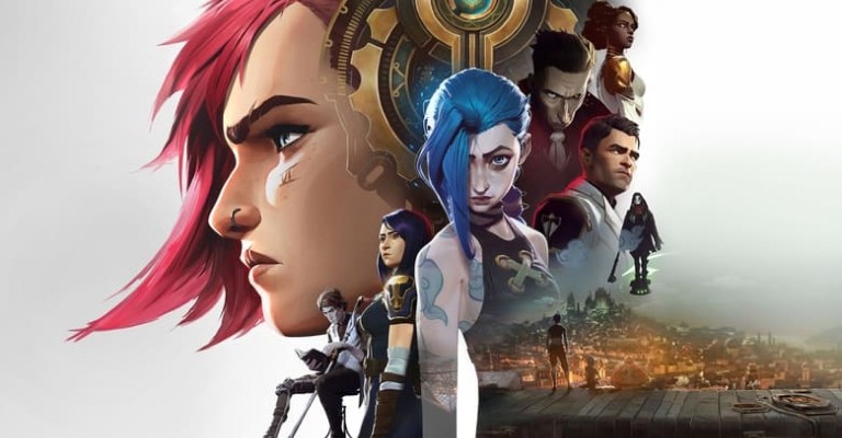 Key art collage: Vi in profile with pink hair and Jinx with blue hair in the foreground, the rest of the cast arranged behind them above the city.