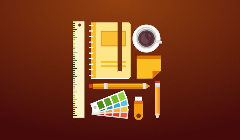 A flat-lay illustration on a dark red background — ruler, notebook, coffee cup, sticky note, pencils, a fanned colour swatch book and a USB stick.