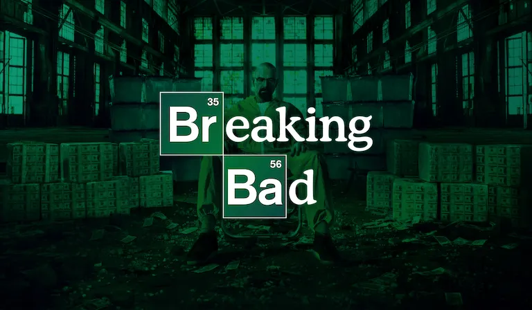 Walter White sitting alone among stacked crates in a warehouse, the whole frame tinted green, with the Breaking Bad logo across it.
