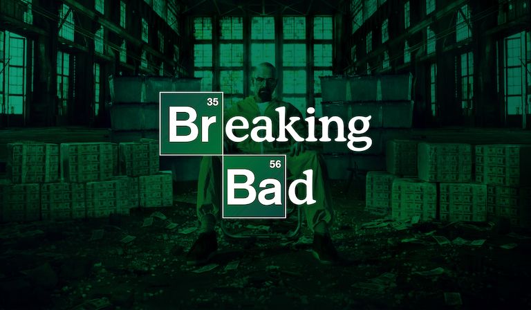 Walter White sitting alone among stacked crates in a warehouse, the whole frame tinted green, with the Breaking Bad logo across it.