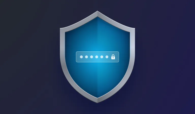 A silver-rimmed shield on a dark blue field, a masked password box and padlock glowing at its centre.
