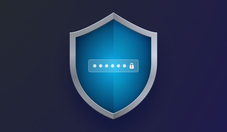 A silver-rimmed shield on a dark blue field, a masked password box and padlock glowing at its centre.
