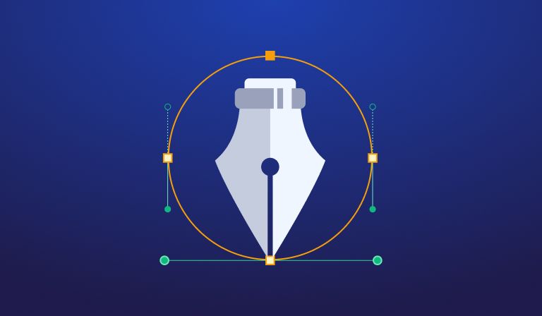 A white pen-tool nib on a deep blue background, ringed by an orange bezier path with its anchor points and handles showing.