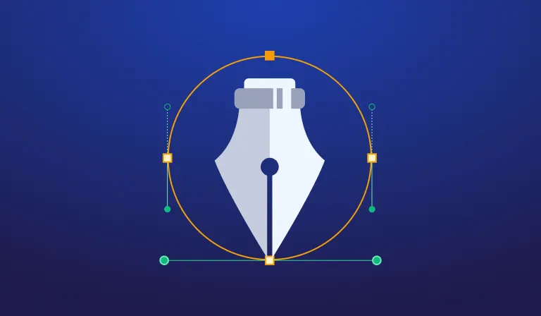 A white pen-tool nib on a deep blue background, ringed by an orange bezier path with its anchor points and handles showing.