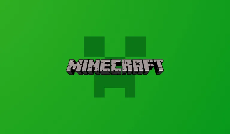 The blocky Minecraft logo in stone lettering over a green creeper face on a bright green background.