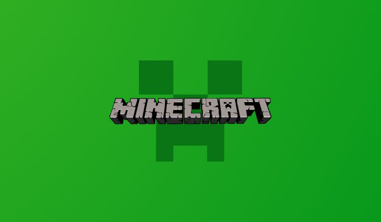 The blocky Minecraft logo in stone lettering over a green creeper face on a bright green background.