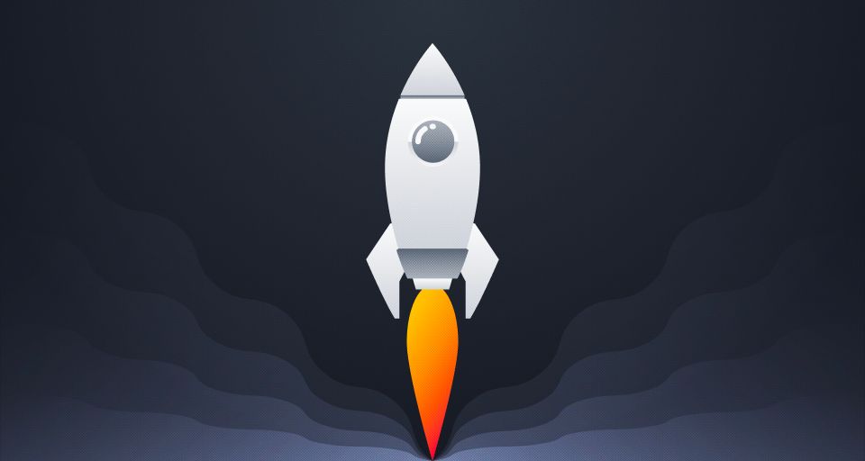 An illustrated white rocket lifting off with an orange flame, against layered dark grey clouds.