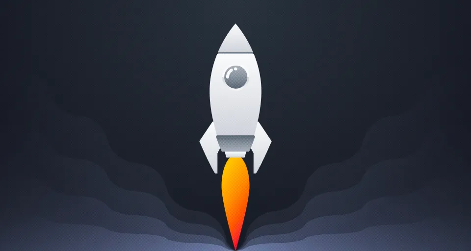 An illustrated white rocket lifting off with an orange flame, against layered dark grey clouds.