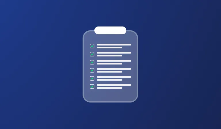 An illustrated clipboard on a deep blue background holding a checklist of six ticked-off items.