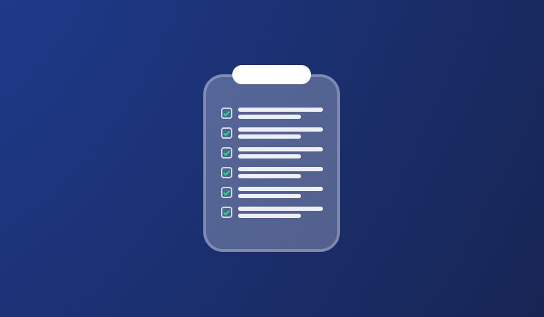 An illustrated clipboard on a deep blue background holding a checklist of six ticked-off items.
