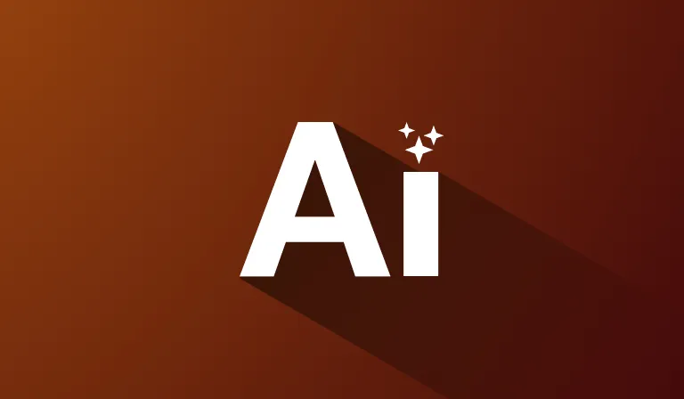 The letters “Ai” set in heavy white type with a sparkle beside them, casting a long shadow across a dark orange-to-brown gradient.