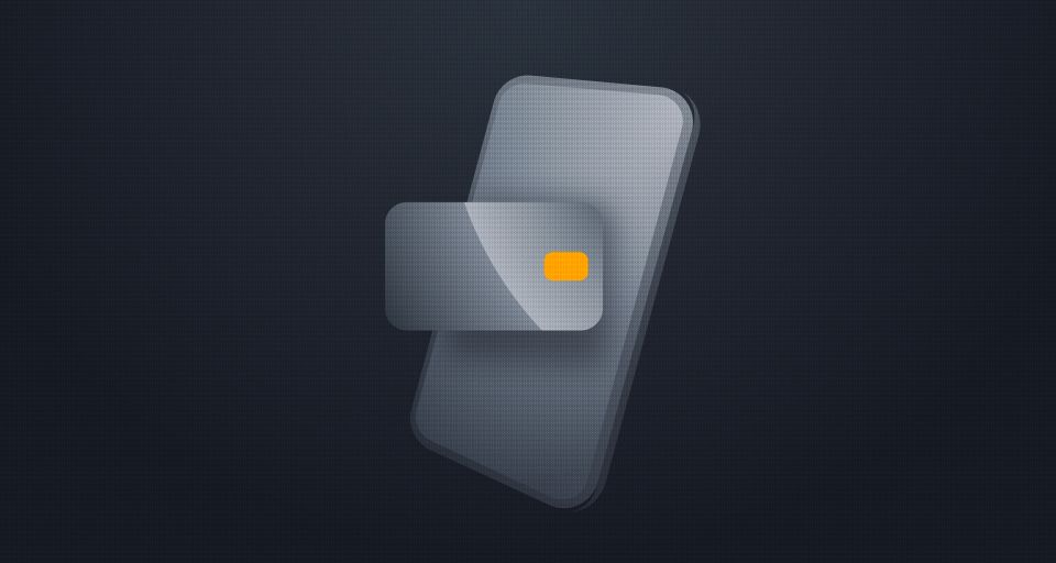 A frosted-glass phone and payment card floating over a dark textured background, a single amber button glowing on the card.