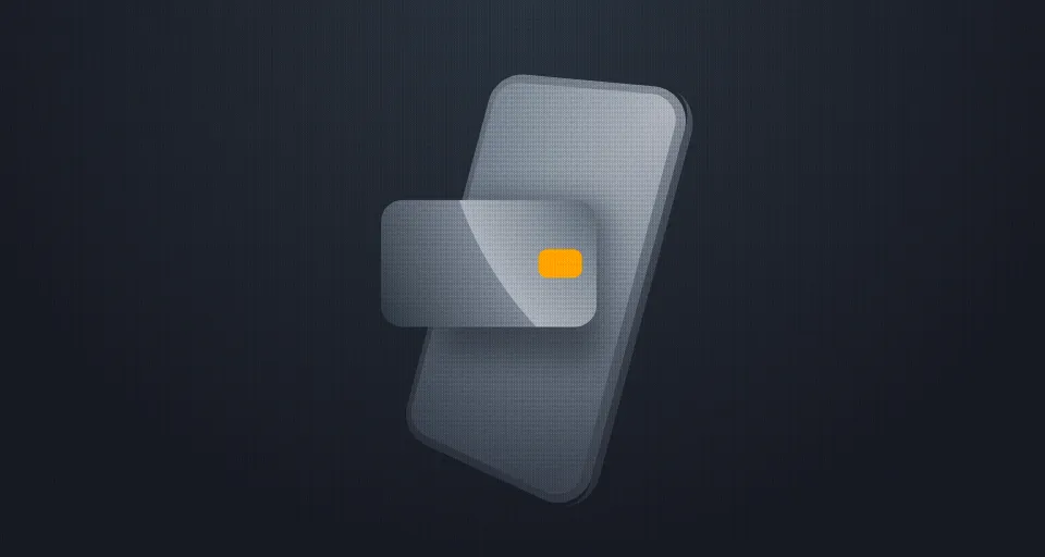 A frosted-glass phone and payment card floating over a dark textured background, a single amber button glowing on the card.