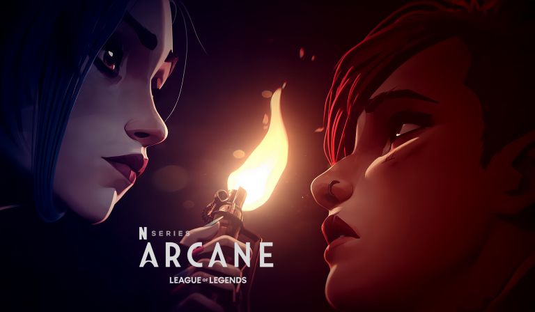 Jinx and Vi face to face in profile, lit by the flame of a lighter held between them, under the Arcane logo.
