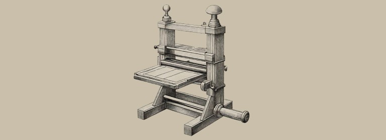 A pen-and-ink drawing of a wooden hand press with a screw mechanism, sliding bed and long lever, on a warm parchment background.