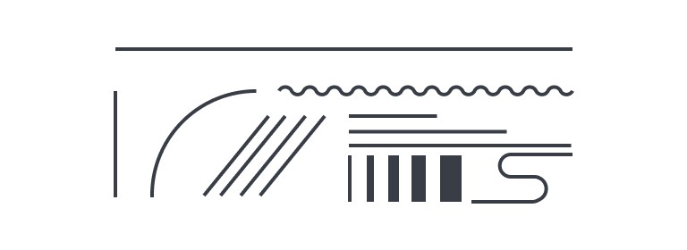 A study of line types: a single rule, a vertical, a curve, a set of diagonals, a wave, close-set horizontals, thick verticals and a looping line.