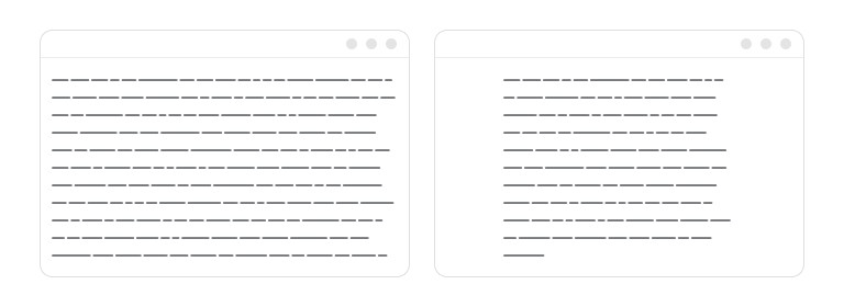 Two browser windows side by side, the left holding very long lines of text, the right holding much shorter ones.
