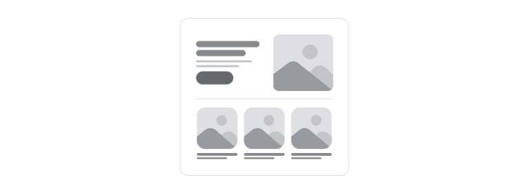 A wireframe with a heading, body copy and a button at the top left, a large image top right, and a row of three smaller cards below.