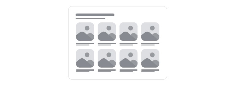 A wireframe of eight identical image cards laid out in two rows of four beneath a heading.