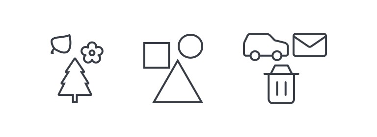 Three groups of outline icons: a leaf, flower and fir tree; a square, circle and triangle; and a car, envelope and waste bin.