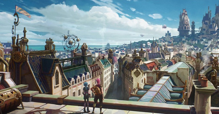 Two figures looking out over the rooftops of Piltover, a sunlit city of spires, bridges and clockwork under a wide blue sky.