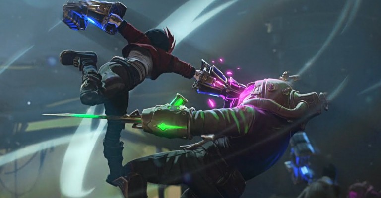 Two characters caught mid-air in a fight, one swinging a glowing green blade, painted in soft brushstrokes over drifting blue smoke.