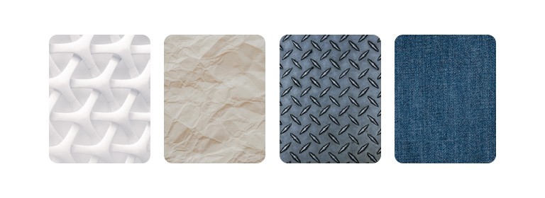 Four swatches side by side: a moulded white pattern, crumpled paper, industrial diamond-plate metal, and blue denim.