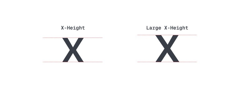 Two lowercase letter x characters between guide lines, the right one taller than the left and labelled “Large X-Height”.